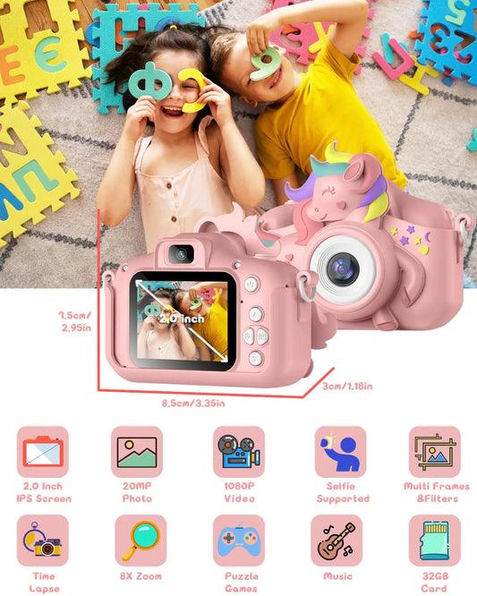2.0" Kids 20MP HD Digital Camera – Cartoon Selfie Toy with 32GB Card